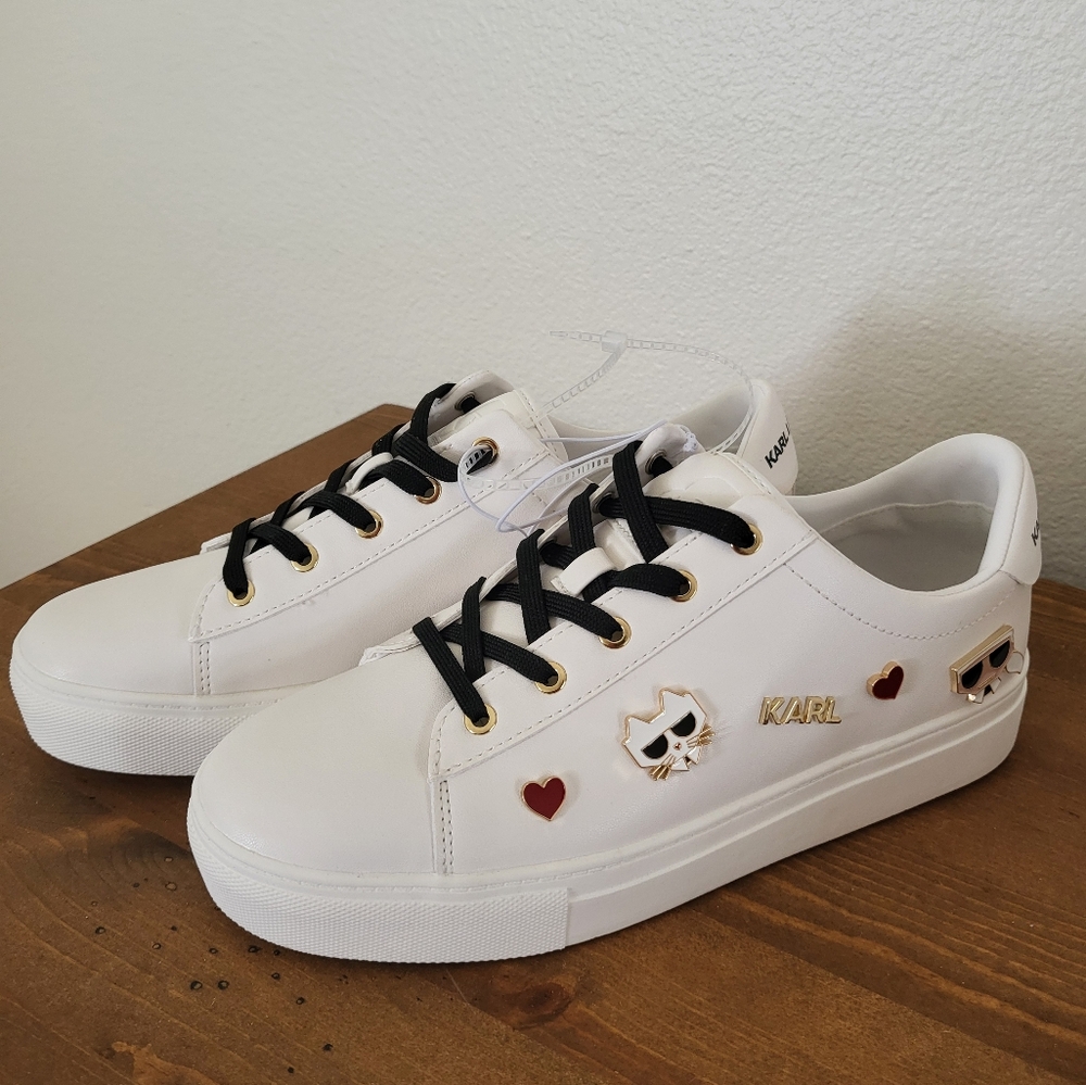 NWOB KARL LAGERFELD PARIS Cambie Embellished Sneakers Size 9.5M White Cat Love